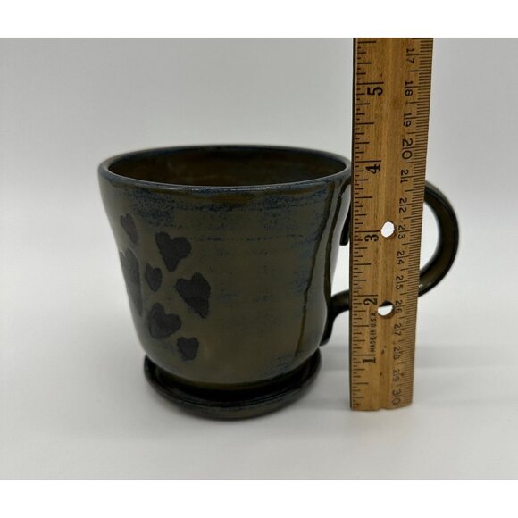 Handmade Art Pottery Mug Black Hearts Gray Cup Signed KLA Footed Love Valentines - Picture 10 of 10